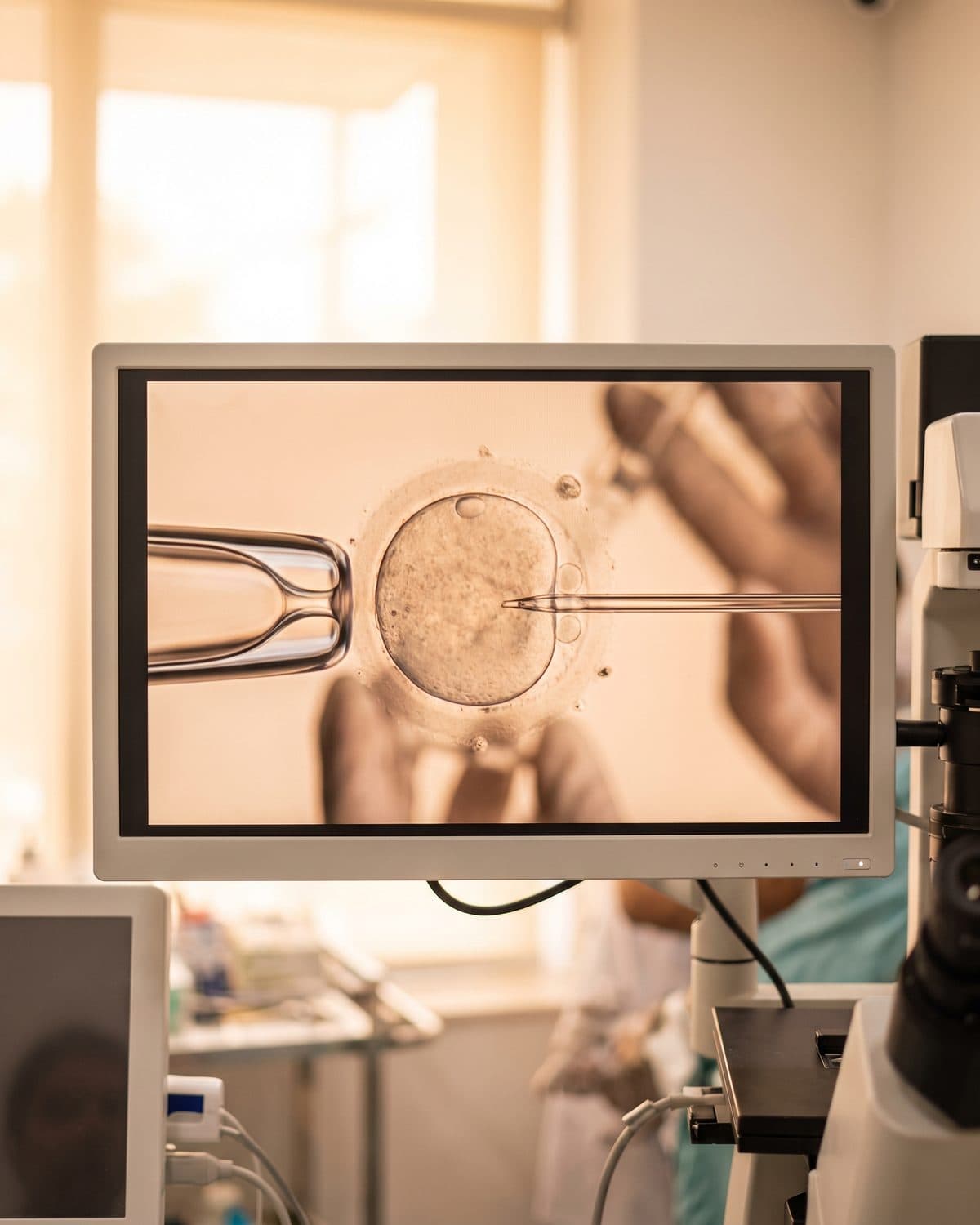 Egg cell being injected with a single sperm during ICSI