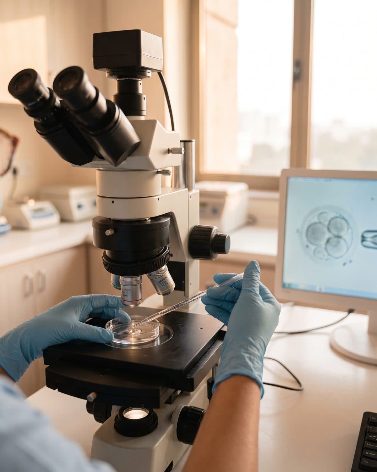 Embryologist working at an IVF microscope